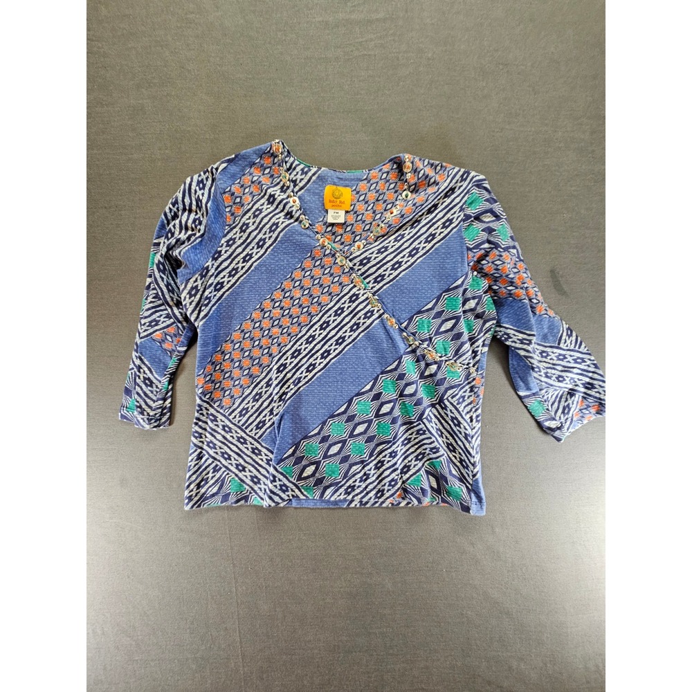 Ruby Rd Petite PM Blue Geometric Print Embellished V-Neck 3/4 Sleeve Top